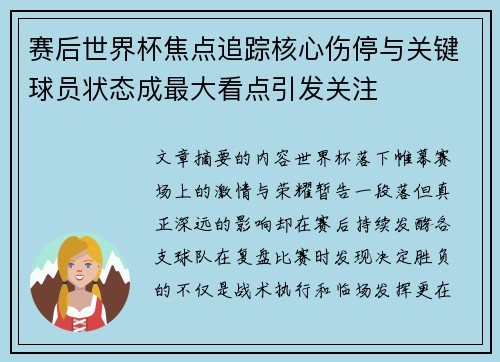 赛后世界杯焦点追踪核心伤停与关键球员状态成最大看点引发关注
